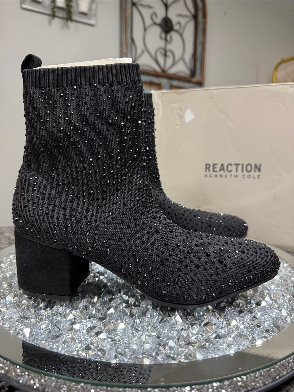 Kenneth Cole Reaction Black Rhinestone Jewel Knit Sock Booties NWT 8